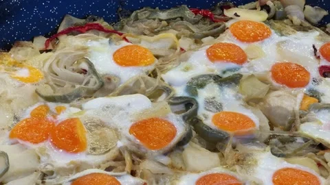 Castilian soup with bread and eggs vegetables at the food fair in Spain. Stock Footage 304178043
