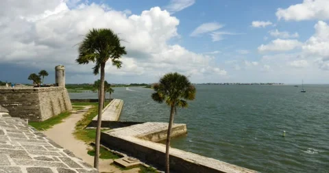 The Castillo de San Marcos masonry fort slow pan from Bay to Stone Fort Stock Footage 210303601