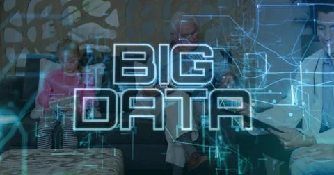Casting BIG DATA hologram lighting lounge, child with tablet and man in jacket Stock Photos