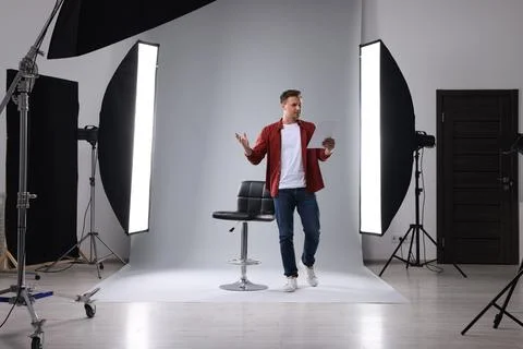 Casting call. Man with script performing in studio 写真素材