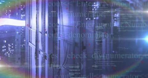 Casting glow server rack shimmering in data center corridor, with network cables 스톡 일러스트