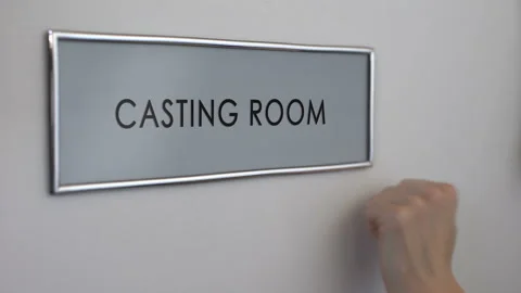 Casting room door, hand knocking closeup, company competition, recruitment Stock Footage 86467623