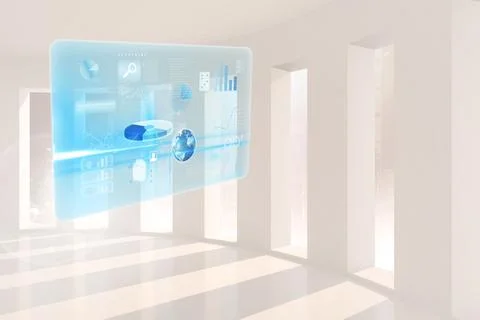 Casting sunlight, holographic interface floating in bright hall, showing charts Stock Illustration