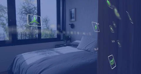 Casting sunlight spilling across low bed with duvet and pillows in bedroom, with Stock Photos