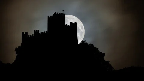 Castle of Almourol by Night with Moon, Iconic Knights Templar Fortress, Portugal Stock Footage 102838764