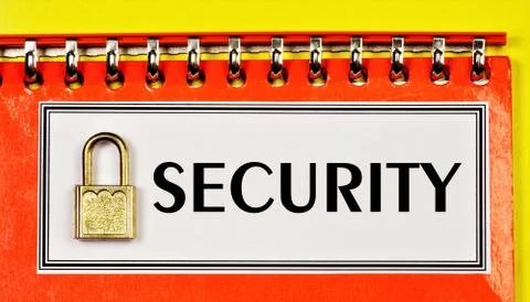 The castle and the text label - security in the Notepad frame. Stock Photos