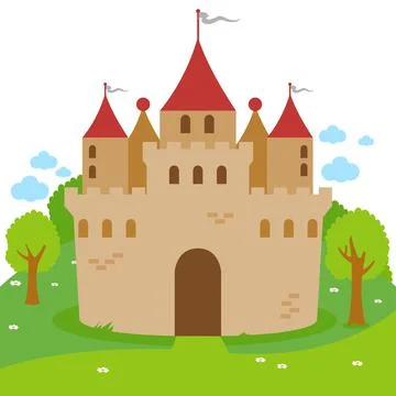 Castle in a beautiful landscape with trees. Vector illustration Stock Illustration