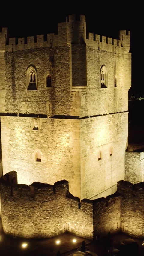 Castle of Braganza at night Vertical View Stock Footage 346886220