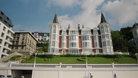 Castle building with big panoramic windows in San Sebastian Stock Footage 208101733