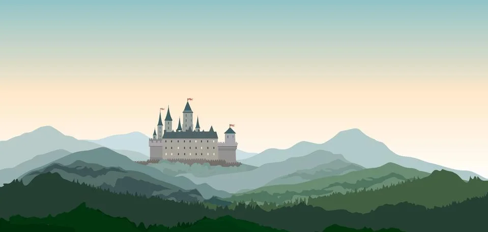 Castle building Mountains Landscape. European nature travel skyline background Stock Illustration