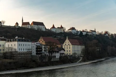 The castle of Burghausen on sunset in spring Stock Photos