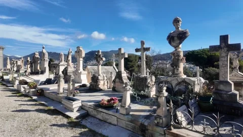 Castle Cemetery Nice - Marble Graves and Busts Outdoors. Stock Footage 329588153