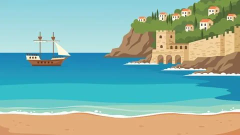 Castle Cliff Mediterranean Beach Flat Design Illustration Illustrazione stock