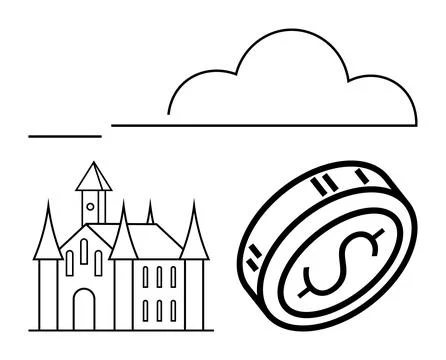 Castle with clock tower, large coin with dollar sign, and cloud outline. Idea Stock Illustration