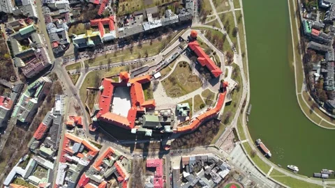 Castle Clock Tower Living Quarters Top Down View Very High Above River Spring Video stock 235558644