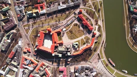 Castle Clock Tower Living Quarters Top Down View Slow Descend Lower Spring Sunny Stock Footage 235558715