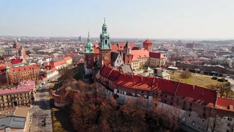 Castle Clock Tower Living Quarters Cinematic Side View Slow Orbit Drone Aerial Stock Footage 235559059