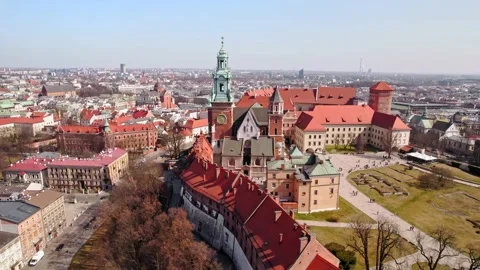 Castle Clock Tower Living Quarters Zoom Out Reveal Outer Wall Spring Drone Stock Footage 235559088