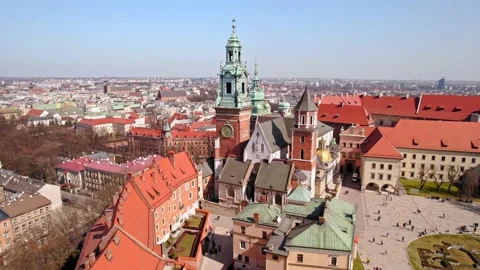 Castle Clock Tower Living Quarters Orbit Reveal Cortyard Rise Drone Aerial Stock Footage 235559112