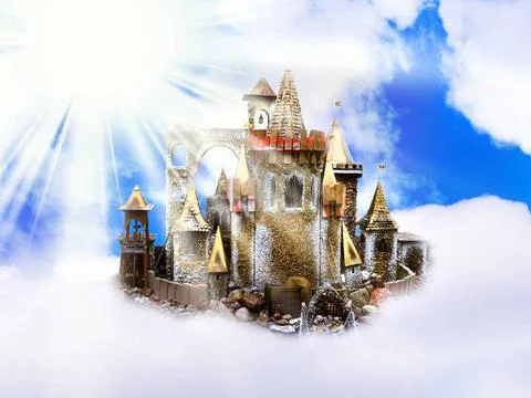 Castle in clouds magic castle in the clouds over sun and blue sky Copyrigh... Stock Photos