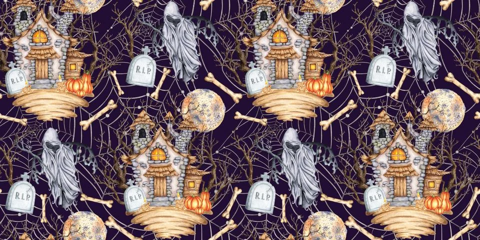 Castle death and web pattern on blue watercolor Stock Illustration