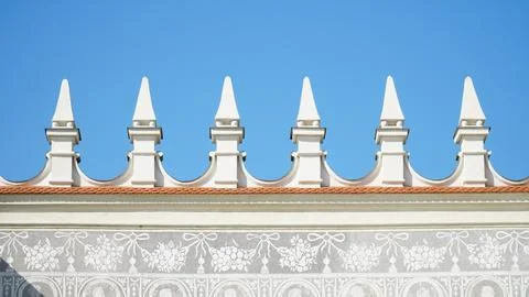 Castle decoration elements. Gothic arches against the background of the sky.  Stock Photos