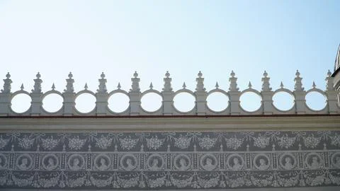 Castle decoration elements. Gothic arches against the background of the sky.  Stock Photos