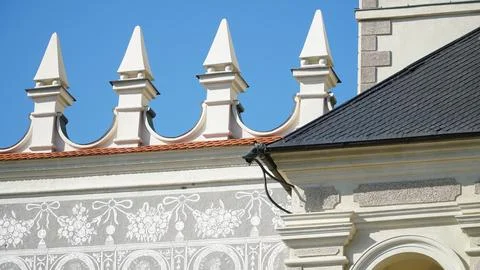 Castle decoration elements. Gothic arches against the background of the sky.  Stock Photos