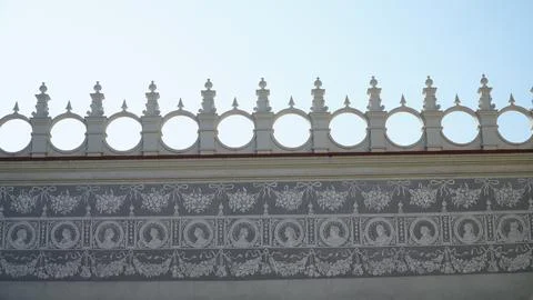 Castle decoration elements. Gothic arches against the background of the sky.  Stock Photos