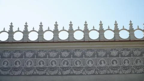 Castle decoration elements. Gothic arches against the background of the sky.  Stock Photos