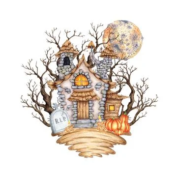 Castle with dry branches moon and tombstone watercolor Stock Illustration