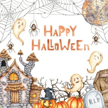 Castle dry branches moon web frame watercolor Ilustração Stock