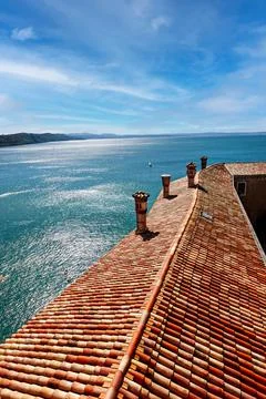Castle of Duino.Italy, on the cliffs overlooking the Gulf of Trieste Stock Photos