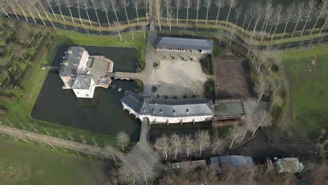Castle Estate Medieval Close up flying away drone aerial countryside water lake Stock Footage 233296063