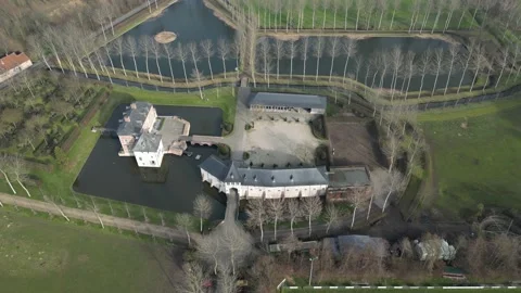 Castle Estate Medieval Close up panning drone aerial countryside water lake Stock Footage 233296059