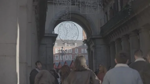 A castle gate and people in Madrid, Spain Stock Footage 345029319