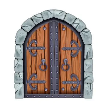 Castle gate, medieval door, old wooden city entrance, stone vector arch Illustration