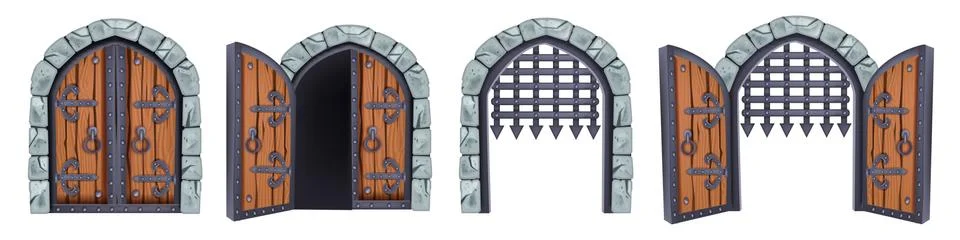 Castle gate vector medieval collection, open wooden ancient door, iron grate Stock Illustration