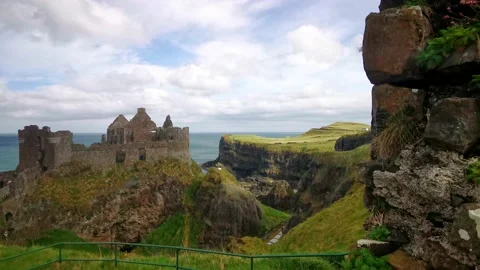 Castle on hill with ocean view full down revealing Stock Footage 200772667