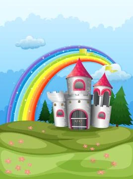A castle at the hilltop with a rainbow Stock Illustration