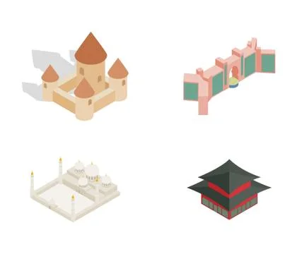 Castle icon set, isometric style Illustrazione stock