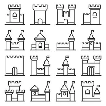 Castle Icon Set on White Background. Line Style Vector 库存插图
