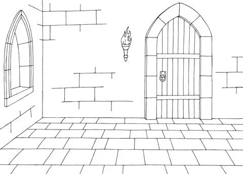 Castle interior graphic black white medieval sketch illustration vector Stock Illustration