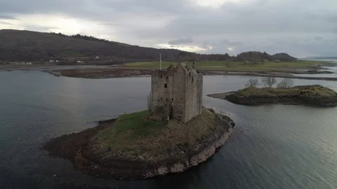 Castle isolated due to high tide, dramatic overcast day Stock Footage 102404073