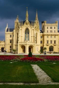 Castle in Lednice during summer with blue sky Stock Photos
