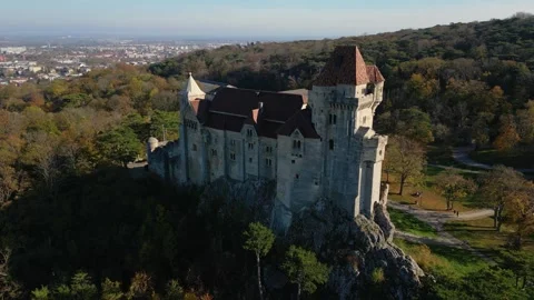 Castle Liechtenstein, high angle view of beautiful medieval building, Austria 4k Stock Footage 342937746