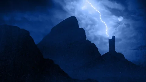 Castle In Lightning Storm And Rain Fantasy Landscape Stock Footage 334982614