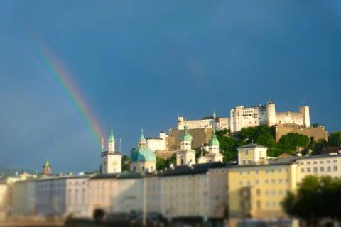 Castle Look with Rainbow Salzburg Stock Photos