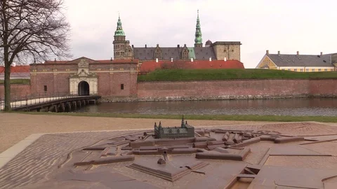A castle model in front of the real Kronborg Castle in Elsinore, Denmark 스톡 동영상 88470196