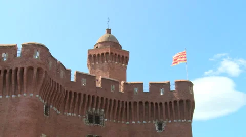Castle like monument with Catalan flag in old city Stock Footage 50542680